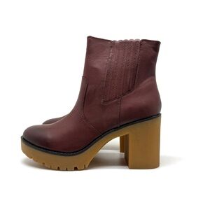 Sun + Stone Lenni Faux Leather Ankle Boots Block Heel Mahogany Size 9.5